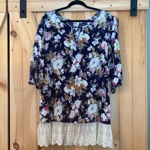 Umgee Multicolor Floral Blouse with Lace Trim